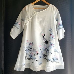 Chinese Women's White Retro Tulle  Crane Print Embroidery Dress, Sz: S